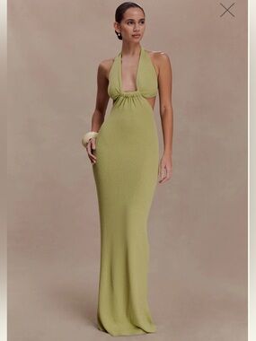 Meshki Olive Green Knit Halter Maxi Dress
